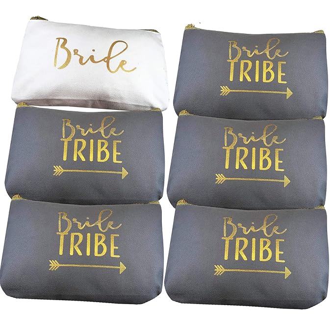 Heather & Willow 6 Piece Set | Bride Tribe Canvas Cosmetic Makeup Clutch Gifts Bag for Bridesmaid Proposal Box & Bridesmaids Bachelorette Party Favors (Grey)