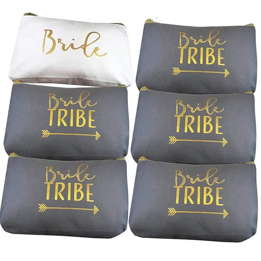 Heather & Willow 6 Piece Set | Bride Tribe Canvas Cosmetic Makeup Clutch Gifts Bag for Bridesmaid Proposal Box & Bridesmaids Bachelorette Party Favors (Grey)