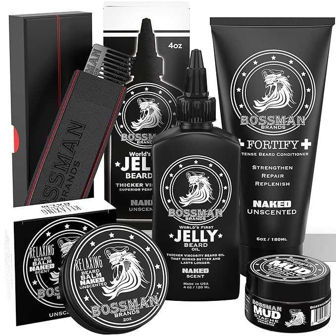 Bossman Complete Beard Kit – Men's Beard Oil Jelly, Fortifying Shower Conditioner, Balm, Mustache Wax & Comb – Beard Softener & Grooming Care (Naked - Unscented)