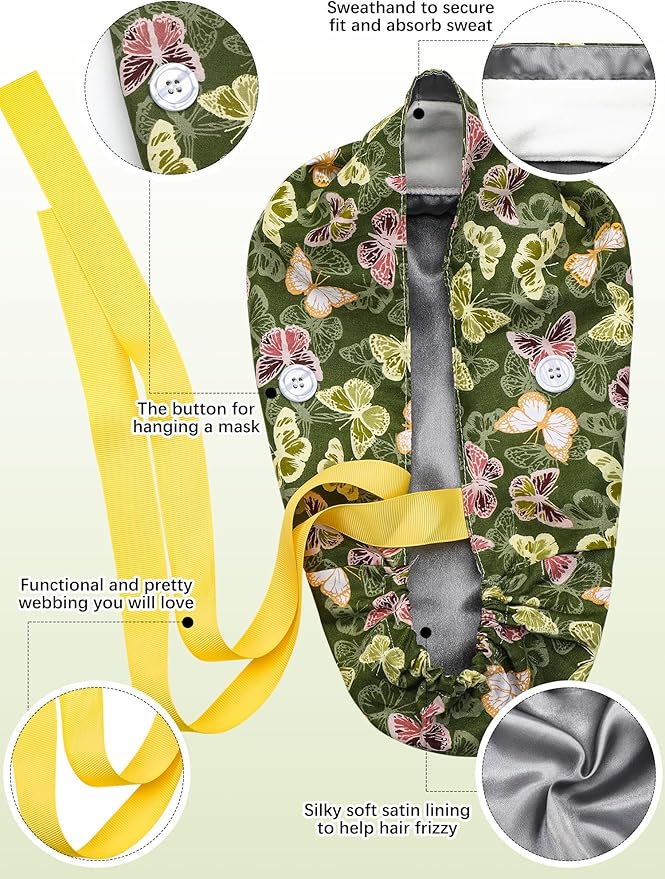 6 Pcs Satin Lined Scrub Caps Women Nurse Surgical Hat with Buttons Ponytail Working Adjustable Pouch Tie Back