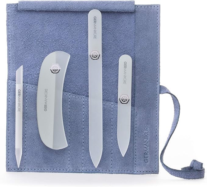 GERMANIKURE Crystal Glass Nail File Set in Light Blue Suede Case – Handmade in Czech Republic – Professional Manicure & Pedicure Supplies – Glass Cuticle Stick, Pusher, Moon File