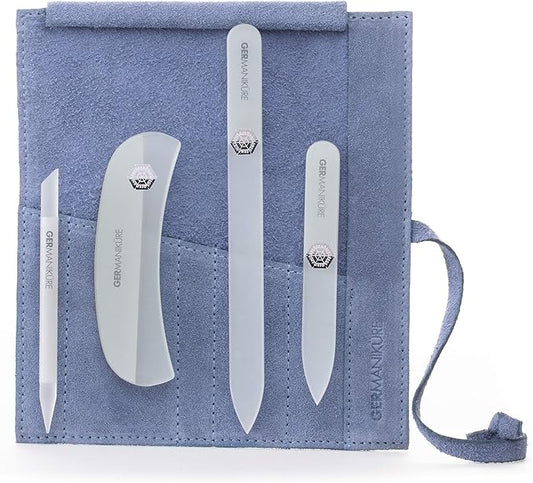 GERMANIKURE Crystal Glass Nail File Set in Light Blue Suede Case – Handmade in Czech Republic – Professional Manicure & Pedicure Supplies – Glass Cuticle Stick, Pusher, Moon File