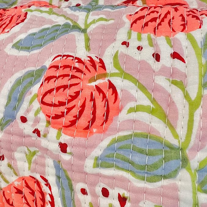 Block Print Designer Toiletry Bag & Makeup Case - Boho Floral Quilted Pouch for Cosmetics, Skincare - Waterproof Lined Organizer for Diaper Bag, Purse, Travel, Gift, Pencils (Pink Multi Floral)