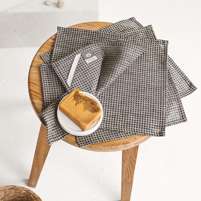 100% Flax Linen Washcloths - 4-Pack 10x10-inch Reusable Waffle Washcloths - Make up Removers Face Cloth - Black-Natural Waffle Weave Wash Cloths - Small Face Towels for Women