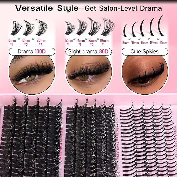 Lash Clusters With Spikes Eyelash Extensions 295Pcs DIY Salon-Level Spiky Lashes Cluster Individuals 80D 100D Cluster Eyelash Extensions D Curl 12-20MM