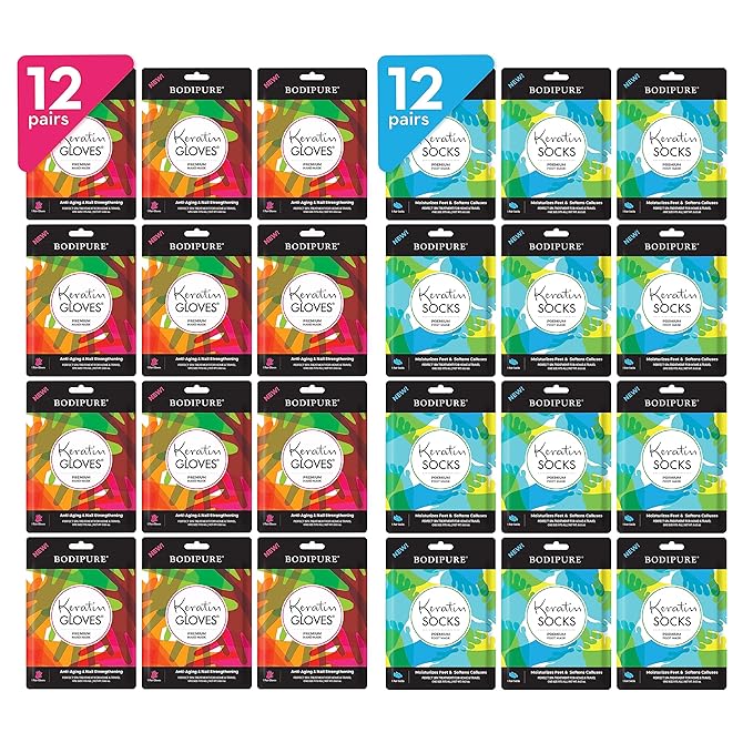 Bodipure Premium Keratin Gloves and Socks Bundle - Nail Strengthening Hand Masks and Moisturizing Foot Masks - 12 Hand Glove Pairs and 12 Sock Pairs