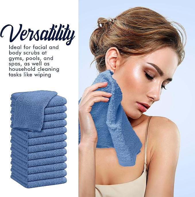 Oakias 100% Cotton Wash Cloths 24 Pack Blue - 12 x 12 Inches Ring Spun Cotton Facial Towels - Highly Absorbent Quick Dry Spa Towels - Bulk Washcloths Ideal for Scrubbing and Cleaning