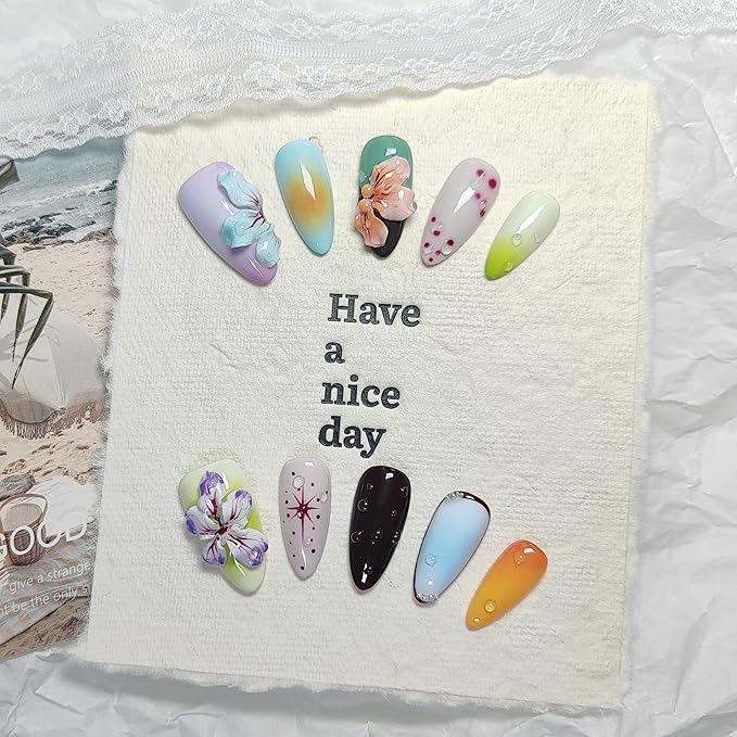 Almond Press on Nails Handmade Medium Long/Stiletto 3D Flower Fake Nail with Designs, Women Reusable False Nails (Floral Multicolor, M)