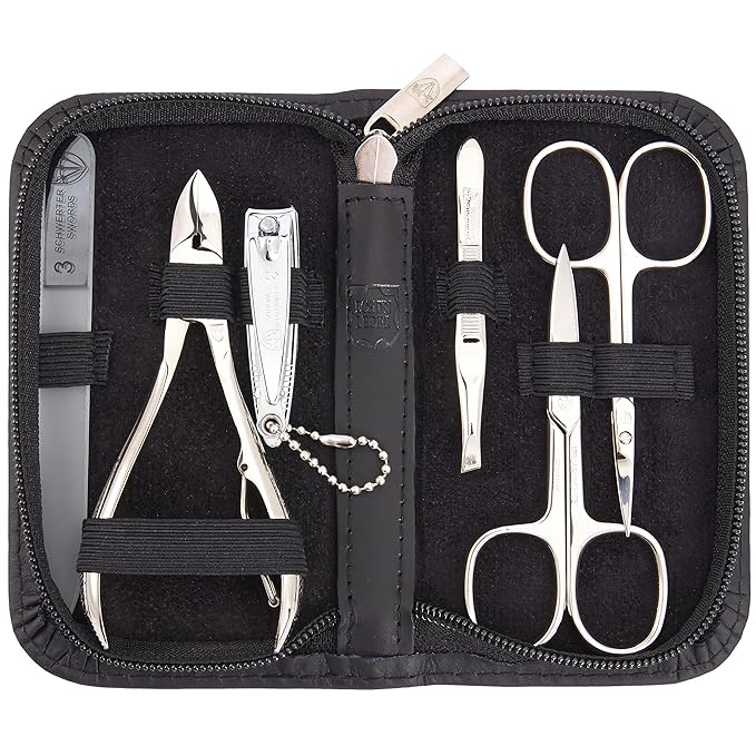 3 Swords Germany - brand quality 6 piece manicure pedicure grooming kit set for professional finger & toe nail care scissors clipper genuine leather case in gift box, Made in Solingen Germany (02259)