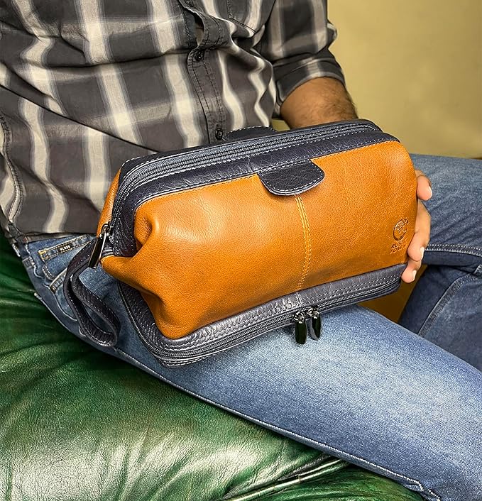 RUSTIC TOWN Leather Toiletry Bag for Men - Travel Gift Shaving Dopp Kit - Bathroom Shower Toiletries Organizer - Cosmetic Makeup Bag for Women
