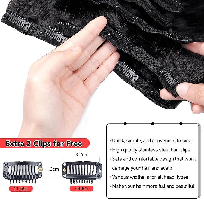 Clip in Hair Extensions 100% Remy Virgin Human Hair Extensions 7pcs Per Set with 16 Clips 100g Natural Black Hair Extensions Double Weft Body Wave Hair Invisible (26 Inch, Natural Color #1B)