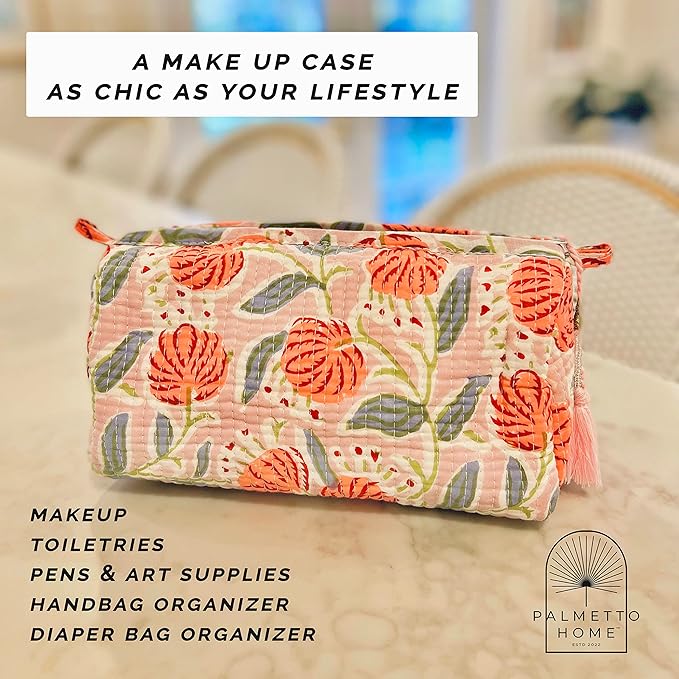 Block Print Designer Toiletry Bag & Makeup Case - Boho Floral Quilted Pouch for Cosmetics, Skincare - Waterproof Lined Organizer for Diaper Bag, Purse, Travel, Gift, Pencils (Pink Multi Floral)