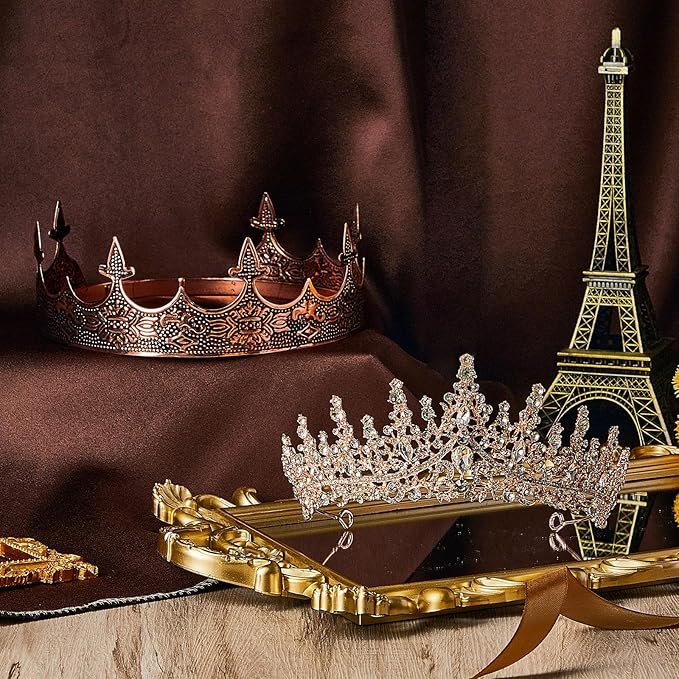 Sureio 2 Pcs Antique Royal King Crown for Men Baroque Queen Crown for 2025 Graduation Prom Party Crystal Tiara Prom Cosplay Birthday Wedding Hair Headband Accessories(Novel Style)