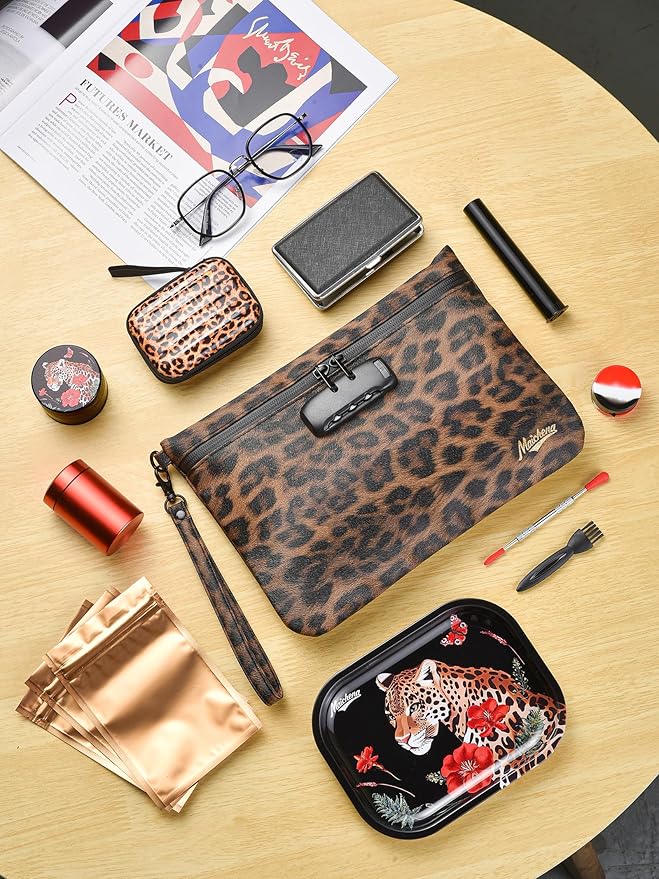 Storage Bag with Combination Lock and Accessories Travel Medicine Bag Container Money Cosmetic Organizer Great Christmas Gifts for Women Leopard