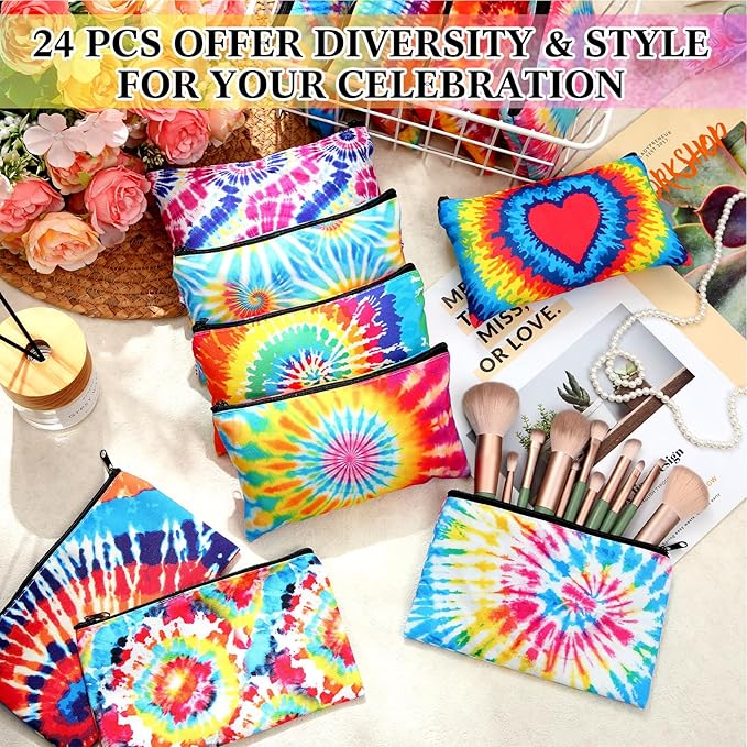 24 Pieces Makeup Bags Bulk Canvas Cosmetic Bags Purse Organizer Zipper Cosmetic Pouch Portable Travel Toiletry Pouch for Women Men Gifts, 7 x 4 Inch (Tie-dye)