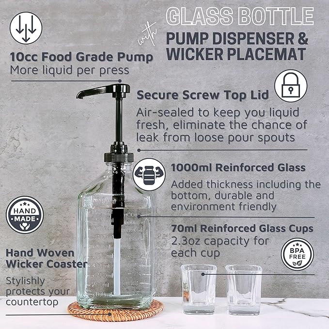 eBun 37oz Glass Mouthwash Dispenser for Bathroom, Mouthwash Dispenser Pump, Mouth Wash Container with Reusable Cup, Mouth Wash Bottle, Countertop Kitchen Sink Dish Liquid Soap Holder Set (Black)