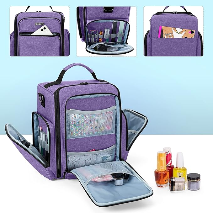 BAFASO Nail Polish Organizer Holds 48 Bottles (15ml - 0.5 fl.oz) and a Nail Lamp, Large Nail Polish Case with 2 Removable Pouches and Multiple Storage Sections (Patented Design), Purple