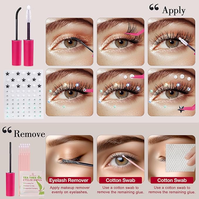 Lash Clusters Kit with Self Adhesive Pearl Stickers Natural Lash Clusters Left Right Lash Extension Kit with Bond Seal Eyelash Kit Gift Set with Drawstring Bag Portable Starter Kit Birthday Gift Women