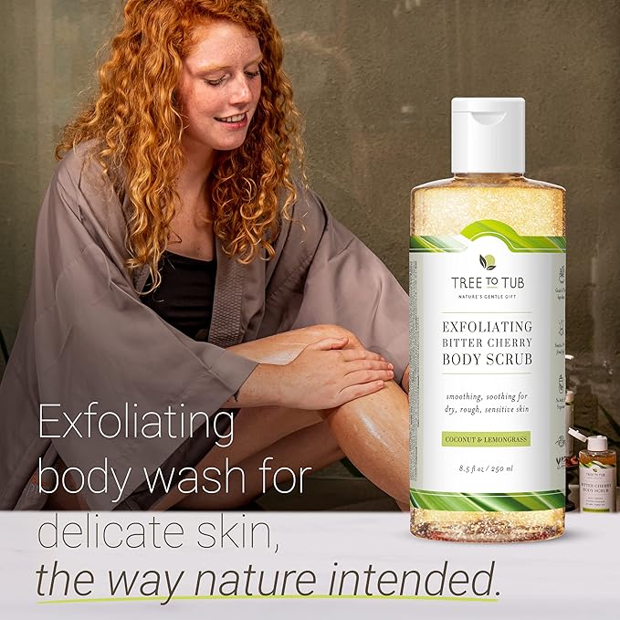 Tree to Tub Bitter Cherry Coconut Exfoliating Body Wash - Gentle Exfoliating Body Scrub for Sensitive Skin - Skin Exfoliator for Body for Women & Men w/Natural Soapberry, Natural Cherry, Organic Rice