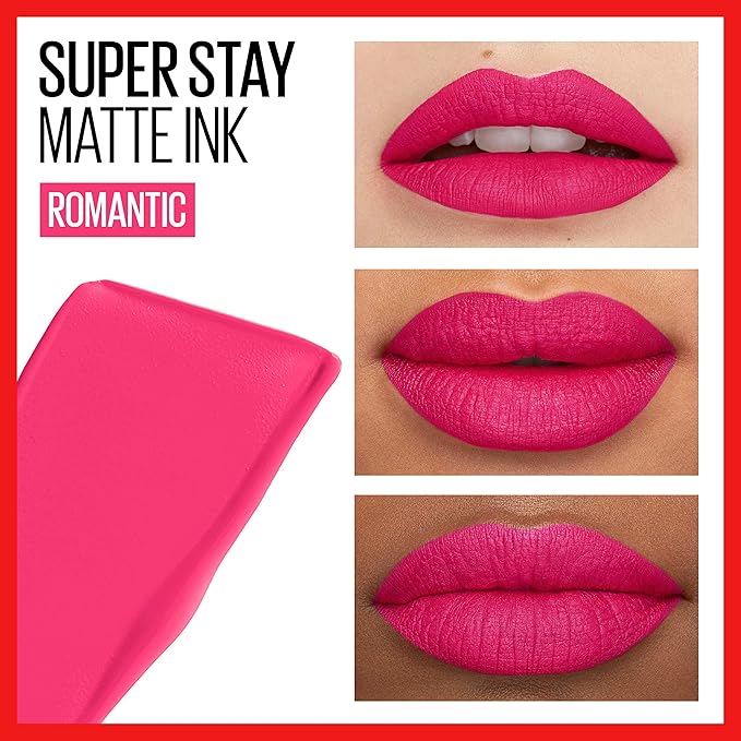 Maybelline Super Stay Matte Ink Liquid Lipstick Makeup, Long Lasting High Impact Color, Up to 16H Wear, Romantic, Vivid Pink, 1 Count, Packaging May Vary