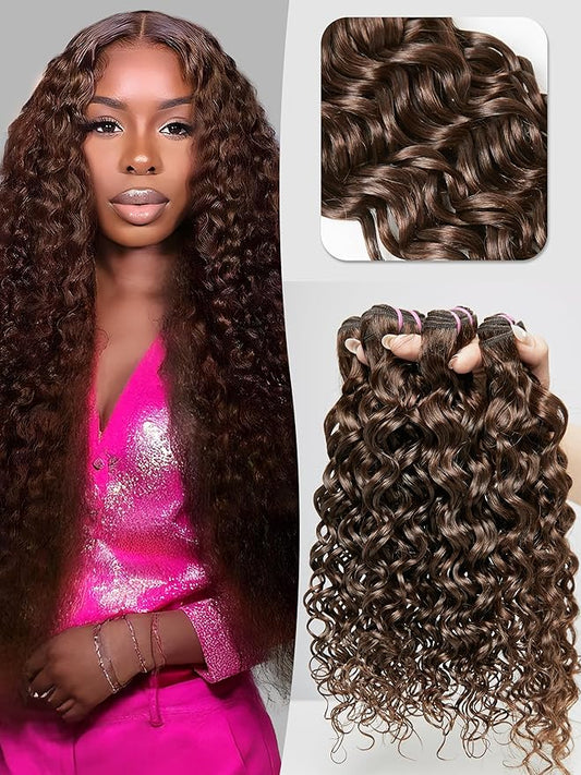 Human Hair Bundles 4 Bundles Hair Extensions 14 16 18 20 Inch Water Wave 100% Unprocessed Curly Brazilian Virgin Hair Wet and Wavy Human Hair Brown #4