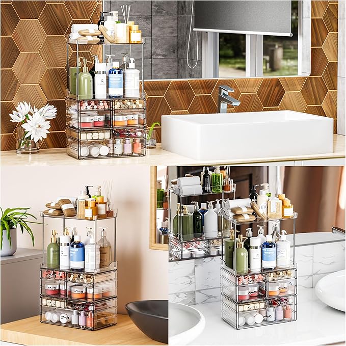 3 Pack Bathroom Organizers and Storage Countertop With 7 Drawers,Stackable Vanity Top Organizer,18.9" Tall Large Capacity Skin Care Organizer and Exquisite Makeup Storage for Beauty Products,Clear