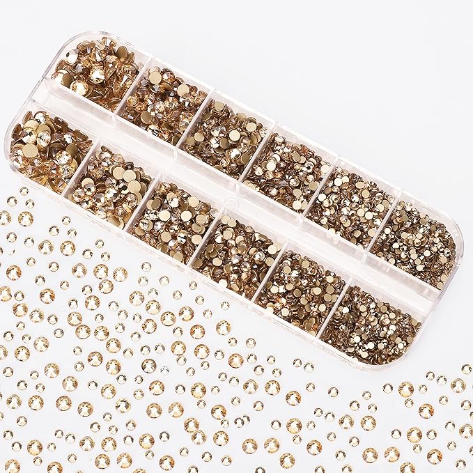 2400 Pieces Flat Back Rhinestones Round Crystal Gems 6 Sizes (1.5-4.8 mm) Nail Jewels Craft Glass Diamonds Stones Kit with Tweezers and Picking Pen, for Nail Art Eye Makeup (Gold Shadow)