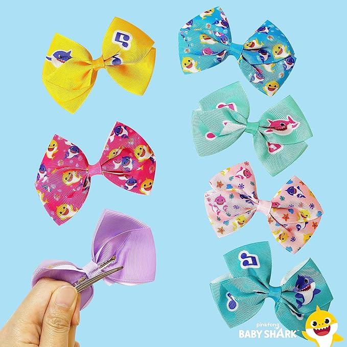 Baby Shark Hair Bows - Hair Accessories Gift Set - Kids Hair Bows - 7 Pcs 4 Inch Bundle - Hair Bows for Girls - Different Character on each Hair Clip - Alligator Clip - Ages 3 +