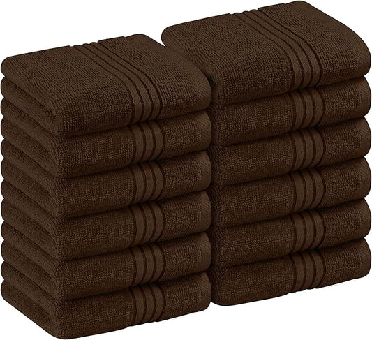 Utopia Towels 12 Pack Premium Wash Cloths Set, 12 by 12 Inches, 100% Cotton Ring Spun, Highly Absorbent and Soft Feel Washcloths for Bathroom, Spa, Gym, and Face, Dark Brown