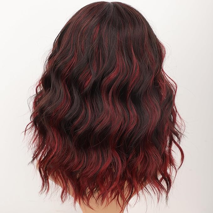 AISI HAIR Synthetic Wavy Curly Bob Wig with Bangs Brown Mix Wine Red Short Hair for Women Synthetic Heat Resistant Bob Wigs