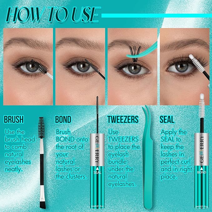 GEMERRY Lash Bond and Seal Kit Lash Cluster Glue Waterproof Strong Hold 72-96 Hours Bond and Seal Lash Glue for DIY Lash Extensions Kit with Eyelash Tweezers Kit