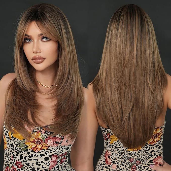 7JHH WIGS Long Blonde Brown Highlight Wig with Bangs for Women Heat Resistant Fiber 25 Inch Layered Synthetic Hair Wigs with Dark Roots for Daily Use