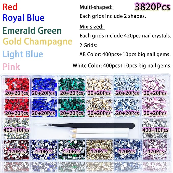 3820 Pcs Rhinestones for Nails, Red Emerald Green Royal Light Lake Blue Gold Nail Rhinestones Crystals Multi Shaped Sized Flatback Nails Glass Gems Crystals for Nails DIY Crafts