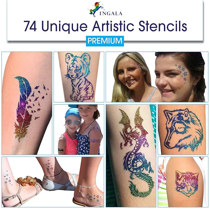Premium Glitter Temporary Tattoo Kit for Boys and Girls, 74 Stencils, 16 Colors and 2X 0.5 fl.oz Body Glue for Body Glitter Fake Tattoos for Kids Makeup Tattoo Supplies Party Favors Party Supplies