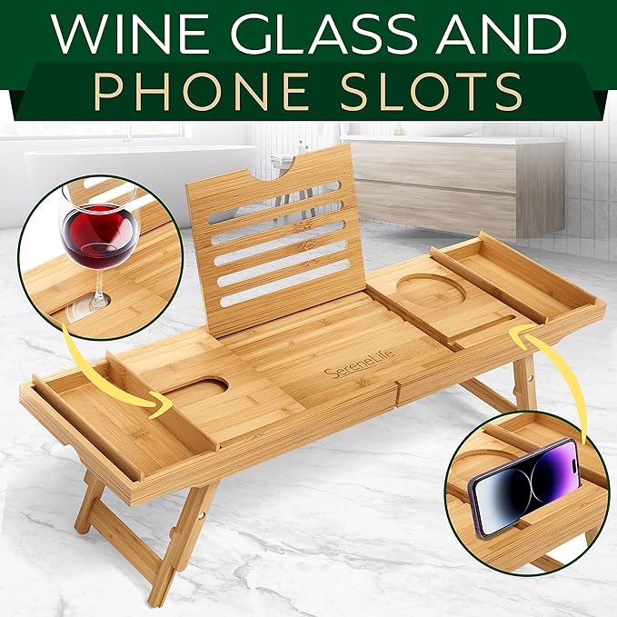 SereneLife Bath Caddy Breakfast Tray Combo with Gift Box-Natural Bamboo Wood Waterproof Bath Tub Caddy and Bed Tray with Folding Slide-Out Arms,Device Grooves,Wine Glass and Soap Holder