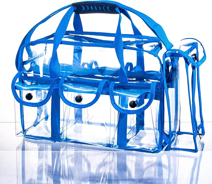 Wide Opening Large Professional Clear PVC Travel Makeup Artist Set Cosmetic Nails Beauty Transparent Vinyl Tool Organizer Work Beach Diaper Bag With 6 External Pockets & Strap (Blue)