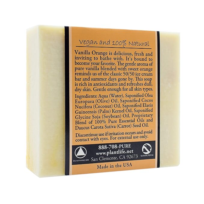 Plantlife Vanilla Orange Bar Soap - Moisturizing and Soothing Soap for Your Skin - Hand Crafted Using Plant-Based Ingredients - Made in California 4oz Bar