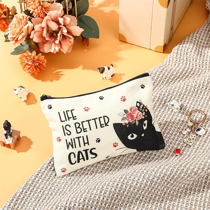 Animal Lover Gifts for Women Mother's Day Animal Themed Gifts for Mom Include Canvas Tote Bag, Makeup Bag, Socks, Keychain, Enamel Mug, Small Figurines(Lovely Cat)