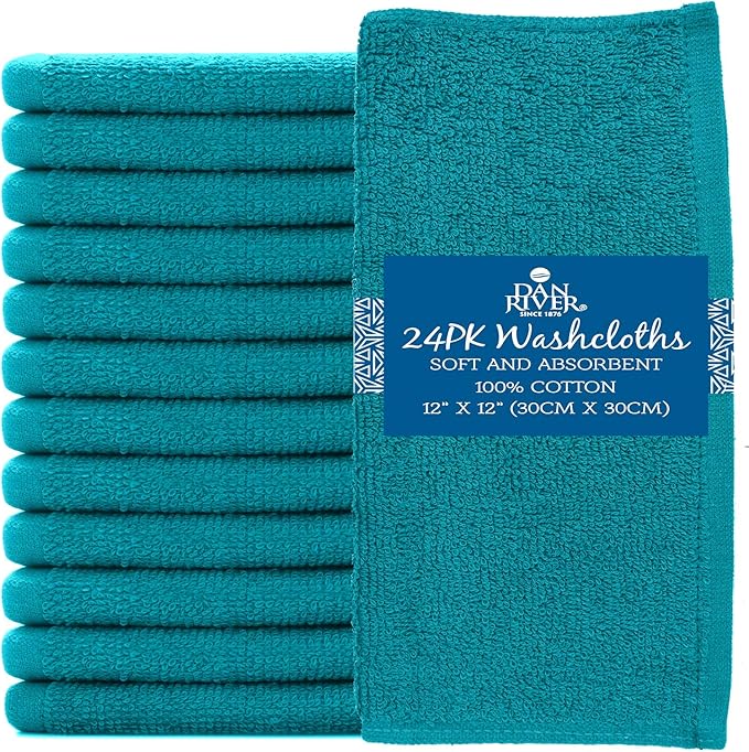 DAN RIVER 100% Cotton Washcloths 24 Pack Premium Quality Face and Body Cloth, Quick Dry Essential Towels for Bathroom, Hand, Kitchen & Cleaning, Baby Washcloths | 12X12 in | 400 GSM | Teal