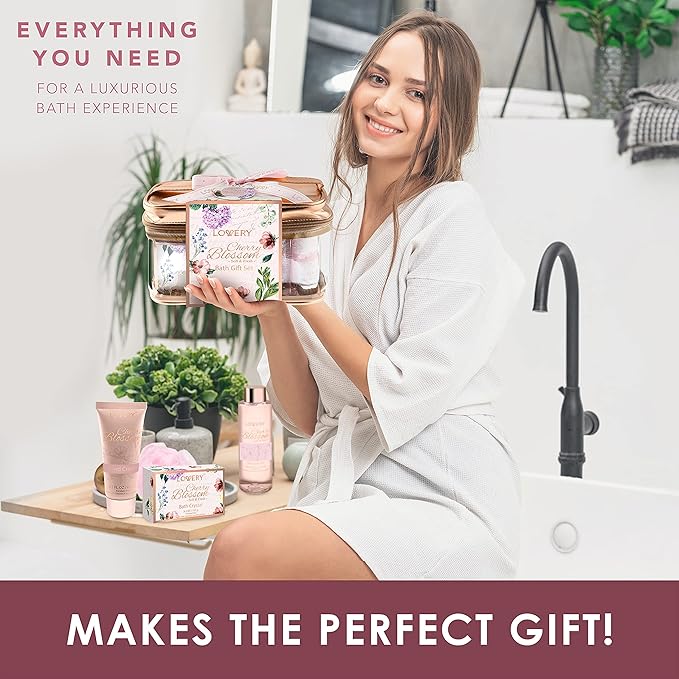 Mothers Day Gifts Bath and Body Gift Basket For Women, Cherry Blossom Home Spa Set, Body Lotion, Shower Gel, Extra Large Bath Bomb, Body Butter, Body Scrub, Bath Crystal, Puff & Rose Gold Cosmetic Bag