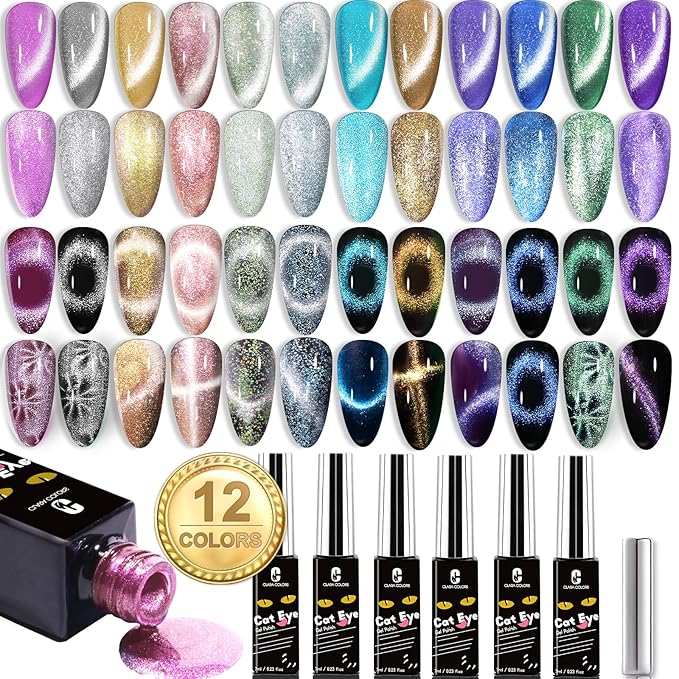Clara Colors Cat Eye Gel Nail Polish Set - 12 Holographic Glitter Colors With Magnet, Romantic Galaxy Series, Long Lasting Soak Off UV LED