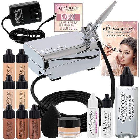 Belloccio Professional Beauty Airbrush Cosmetic Makeup System with 4 Fair Shades of Foundation in 1/4 Ounce Bottles - Kit Includes Blush, Bronzer and Highlighters