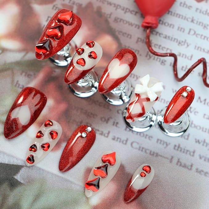 Almond Press on Nails Handmade Medium Long/Stiletto 3D Flower Fake Nail with Designs, Women Reusable False Nails (Glitter Red, M)