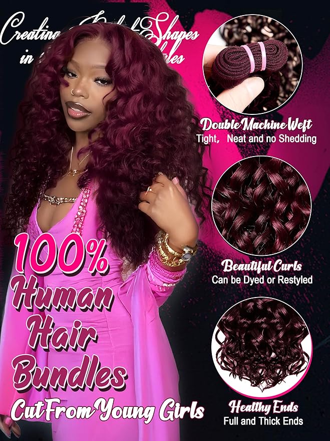 Human Hair Bundles 4 Bundles Hair Extensions 16 18 20 22 Inch Dark Burgundy Water Wave 100% Unprocessed Curly Brazilian Virgin Hair Wet and Wavy Human Hair A99J