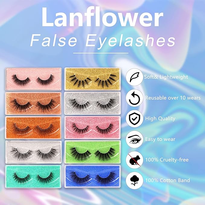 Lanflower Lashes False Eyelashes Natural Look 3D Faux Mink Eyelashes Pack 10 Styles Russian Strip Lashes