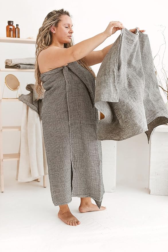 Pure 100% Linen Bath Towel - Quick Dry Towels for Travel Lightweight Waffle Towels for Bathroom 30 x 60-inch - Luxury Black-Natural Thin Hair Towel for Gym or Sauna - Sustainable Bath Sheet