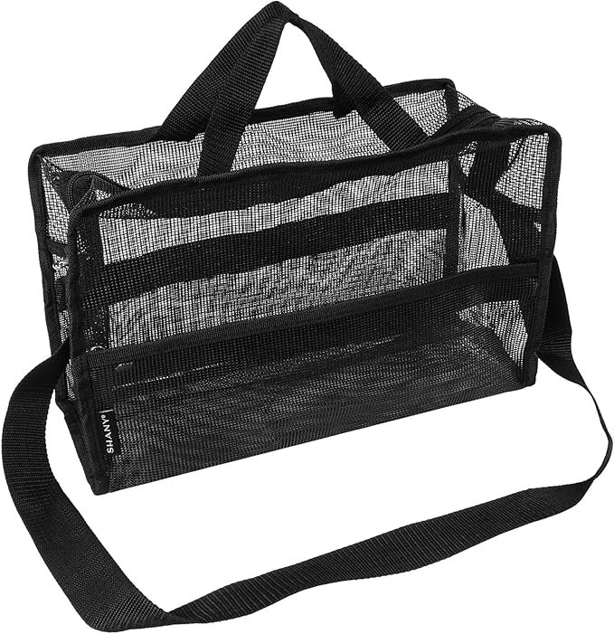 SHANY Collapsible Makeup Tools Travel Mesh Bag – Large See-Thru Travel Tote with Shoulder Straps – Water-Resistant with Zippered Pockets – Black