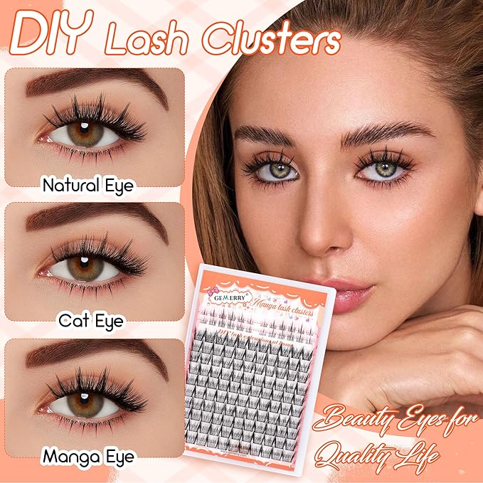 GEMERRY Lash Clusters with Pink Eyelash Clusters 2 Styles 8-12mm Cluster Eyelash Extensions Soft Comfortable Lash Extension Clusters DIY Cluster Lashes for Beginners