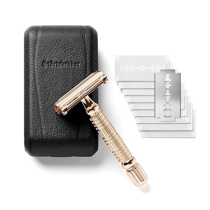 Störtebekker® Premium Men's Safety Razor ‘Hamburg’ - incl. handmade leather case with built-in mirror, 10 Störtebekker blades & shaving guide - First Class Wet Razor shaving set - Gift Idea for Men