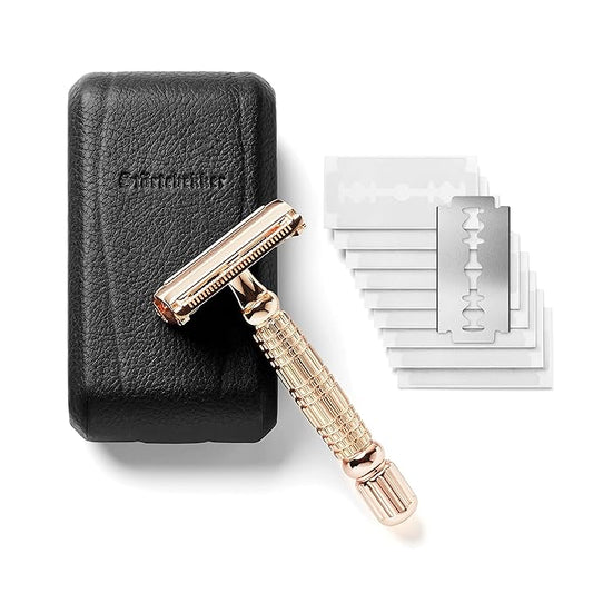 Störtebekker® Premium Men's Safety Razor ‘Hamburg’ - incl. handmade leather case with built-in mirror, 10 Störtebekker blades & shaving guide - First Class Wet Razor shaving set - Gift Idea for Men